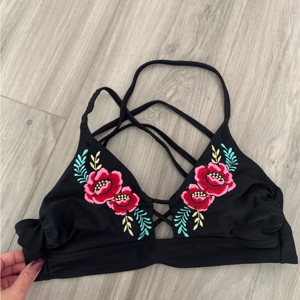 Xhilaration Black Bikini Top with Red Floral Embroidery